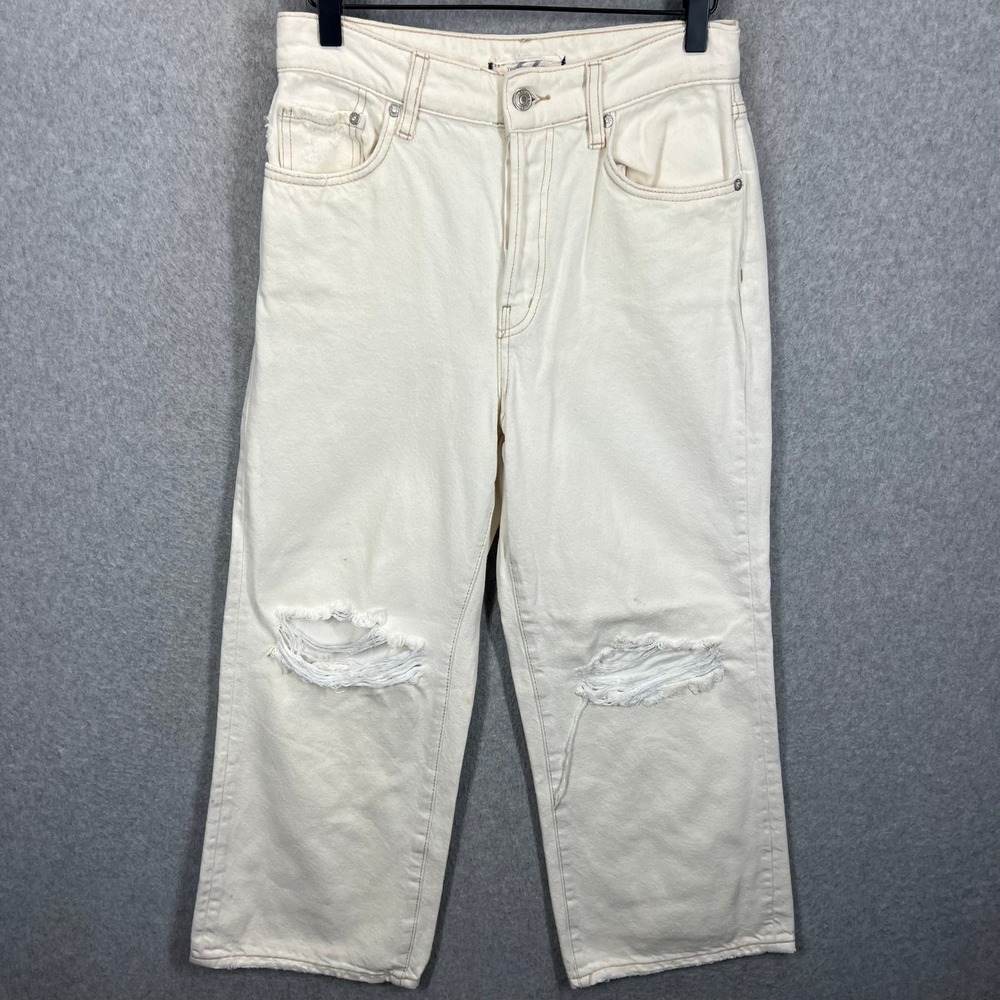 We The Free People Jeans Womens 27 Ivory Distressed High Rise Wide Leg Denim EUC